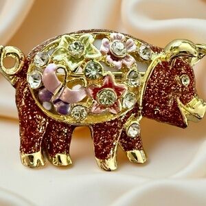 Floral Pig Brooch with Crystals